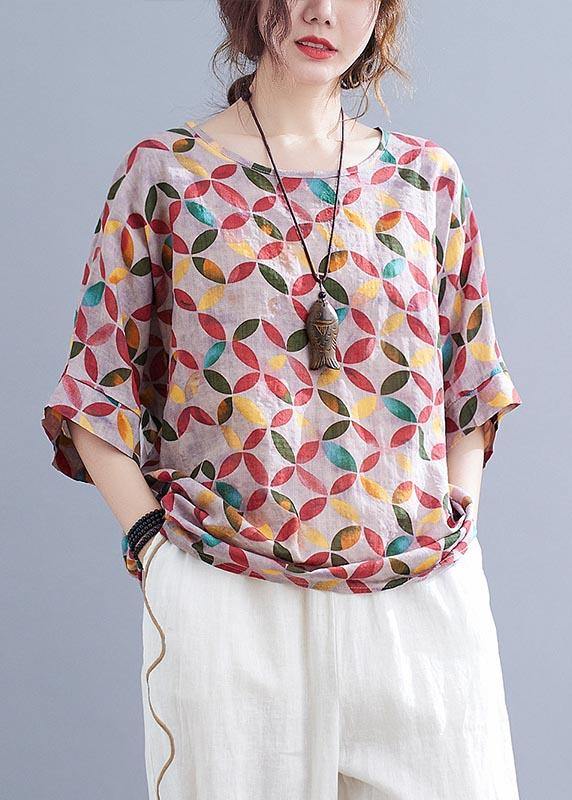 Chic Red Print Half Sleeve Cotton Linen Summer Shirt - SooLinen