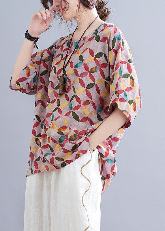 Chic Red Print Half Sleeve Cotton Linen Summer Shirt - SooLinen