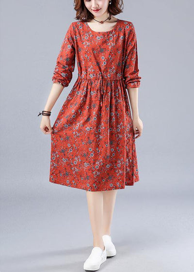 Chic Red Print Wardrobes O Neck Drawstring Loose Spring Dresses - SooLinen