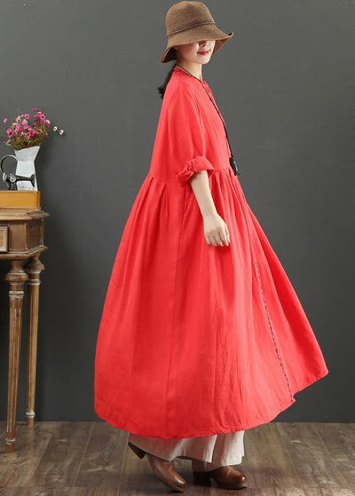 Chic Red cotton Outfit O Neck Cinched Robes Spring Dress - SooLinen