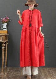 Chic Red cotton Outfit O Neck Cinched Robes Spring Dress - SooLinen