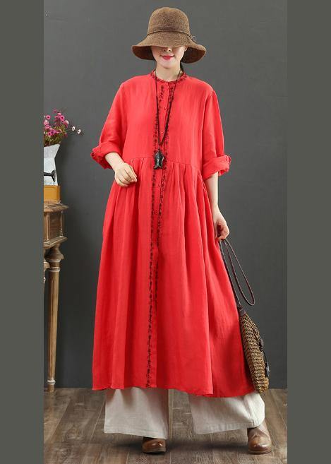 Chic Red cotton Outfit O Neck Cinched Robes Spring Dress - SooLinen