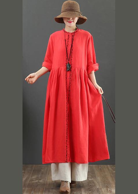 Chic Red cotton Outfit O Neck Cinched Robes Spring Dress - SooLinen