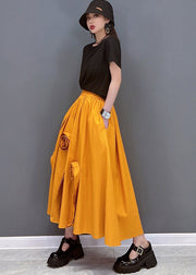 Chic Solid Orange Elastische Taillentaschen Blumen Baumwolle A-Linie Rock Sommer