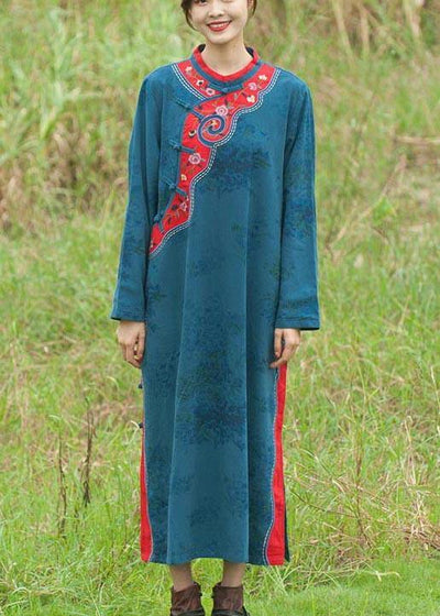 Chic Stand Collar Spring Tunics Pattern Blue Embroidery Long Dresses - SooLinen