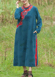 Chic Stand Collar Spring Tunics Pattern Blue Embroidery Long Dresses - SooLinen