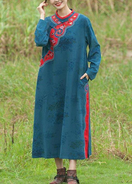 Chic Stand Collar Spring Tunics Pattern Blue Embroidery Long Dresses - SooLinen