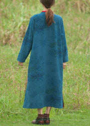 Chic Stand Collar Spring Tunics Pattern Blue Embroidery Long Dresses - SooLinen