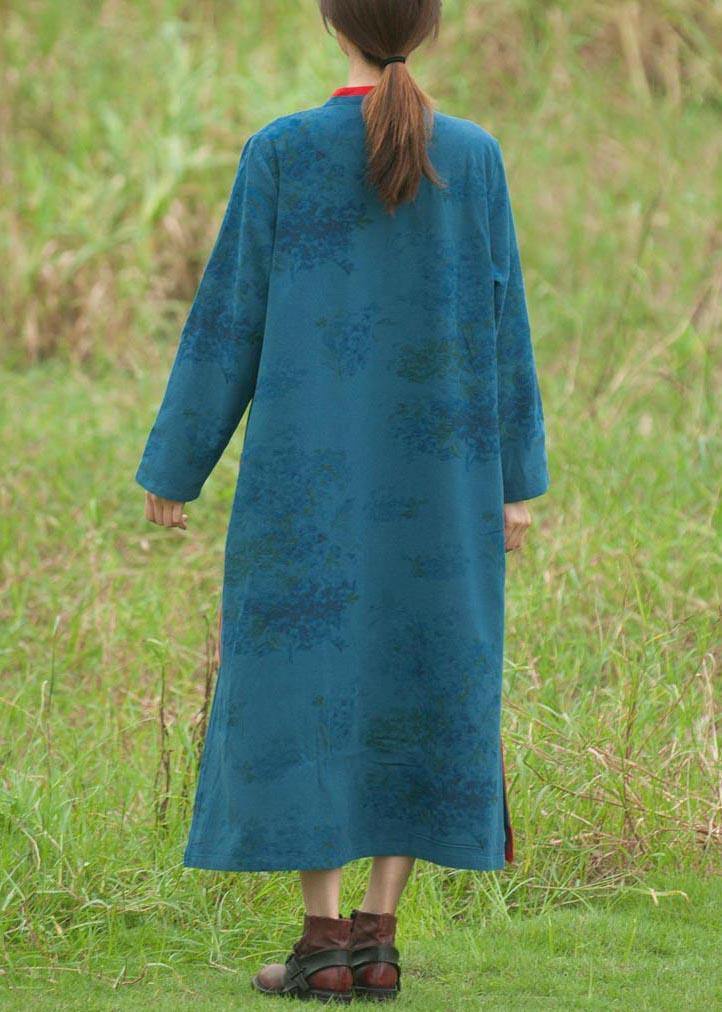 Chic Stand Collar Spring Tunics Pattern Blue Embroidery Long Dresses - SooLinen