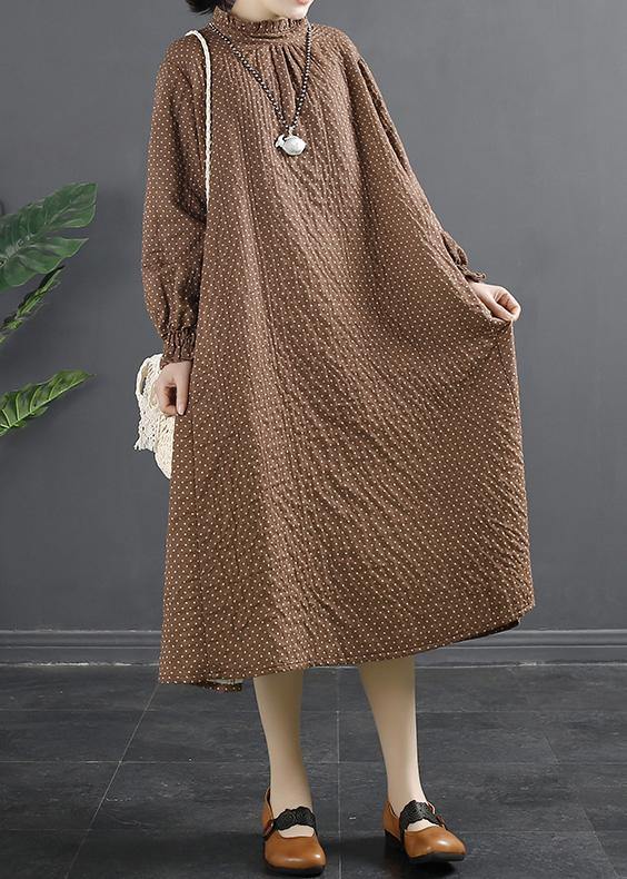 Chic Stand Collar Tunic Dress Work Outfits Chocolate Dotted Maxi Dress - SooLinen