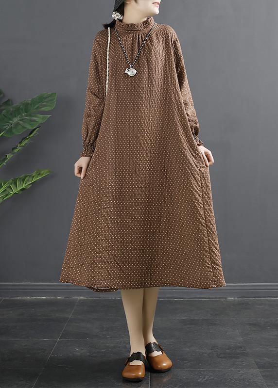 Chic Stand Collar Tunic Dress Work Outfits Chocolate Dotted Maxi Dress - SooLinen