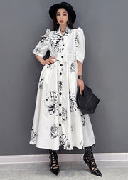 Chic White Peter Pan Collar Floral Print Chiffon Maxi Cinch Dress Half Sleeve