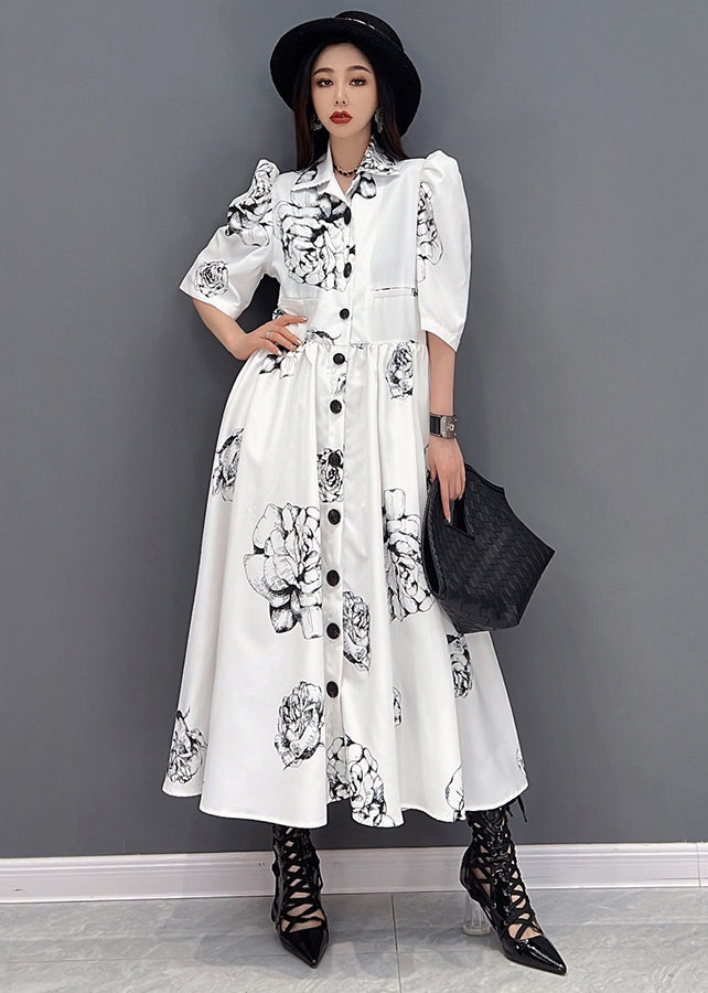 Chic White Peter Pan Collar Floral Print Chiffon Maxi Cinch Dress Half Sleeve