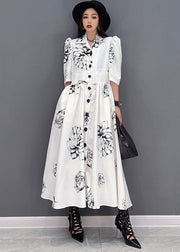 Chic White Peter Pan Collar Floral Print Chiffon Maxi Cinch Dress Half Sleeve