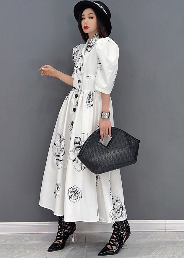 Chic White Peter Pan Collar Floral Print Chiffon Maxi Cinch Dress Half Sleeve