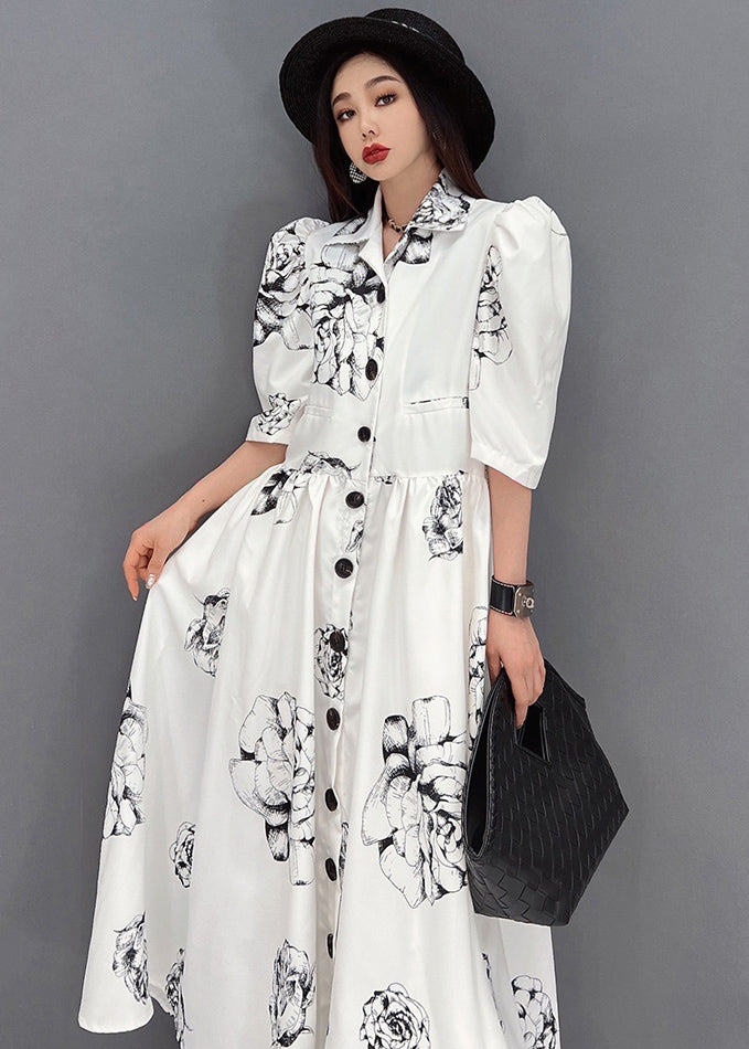 Chic White Peter Pan Collar Floral Print Chiffon Maxi Cinch Dress Half Sleeve