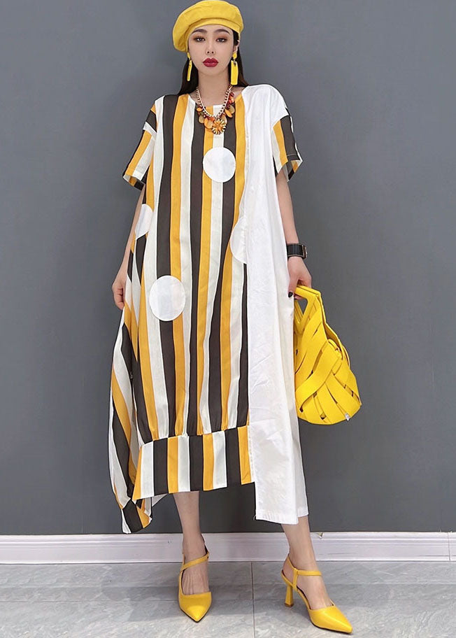 Chic Yellow Asymmetrical Striped Print Patchwork Cotton Maxi Dresses Short Sleeve