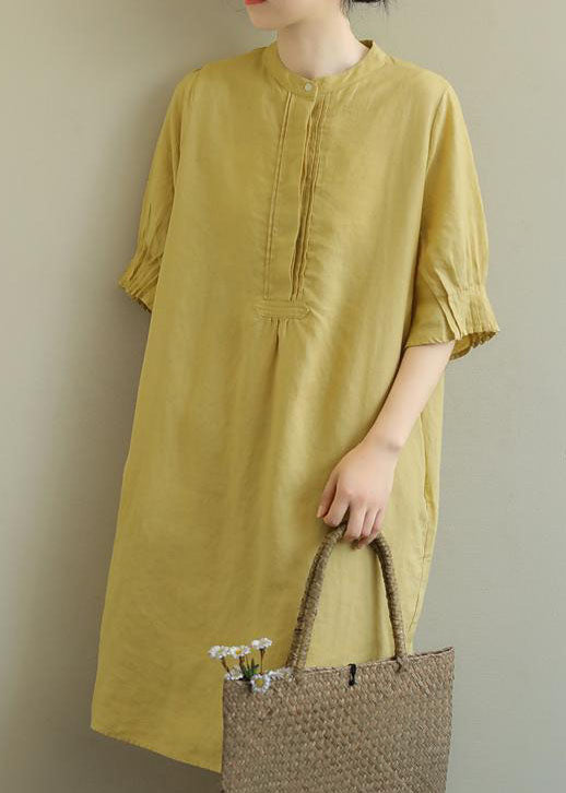 Chic Yellow side open Cotton Mid Dress Half Sleeve