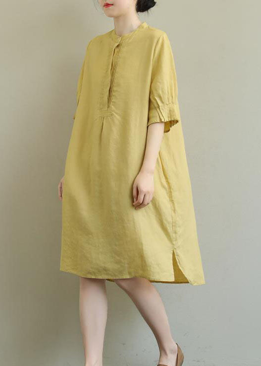 Chic Yellow side open Cotton Mid Dress Half Sleeve