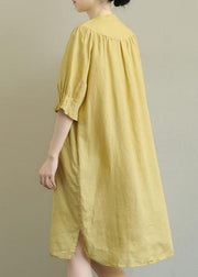 Chic Yellow side open Cotton Mid Dress Half Sleeve