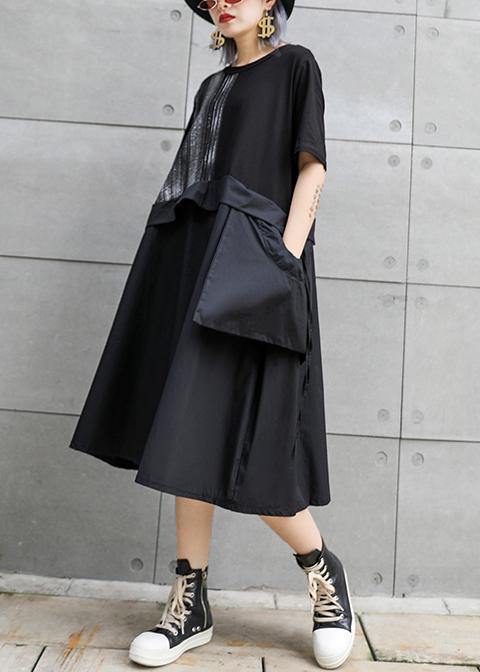 Chic black Cotton Long Shirts o neck patchwork Art summer Dress - SooLinen