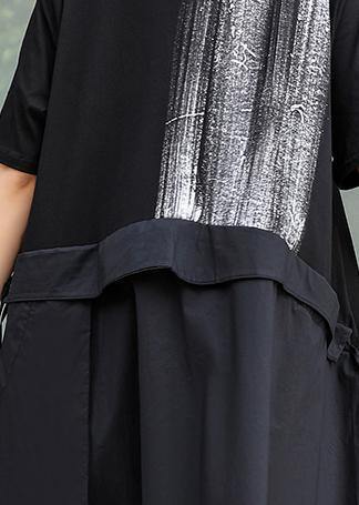 Chic black Cotton Long Shirts o neck patchwork Art summer Dress - SooLinen