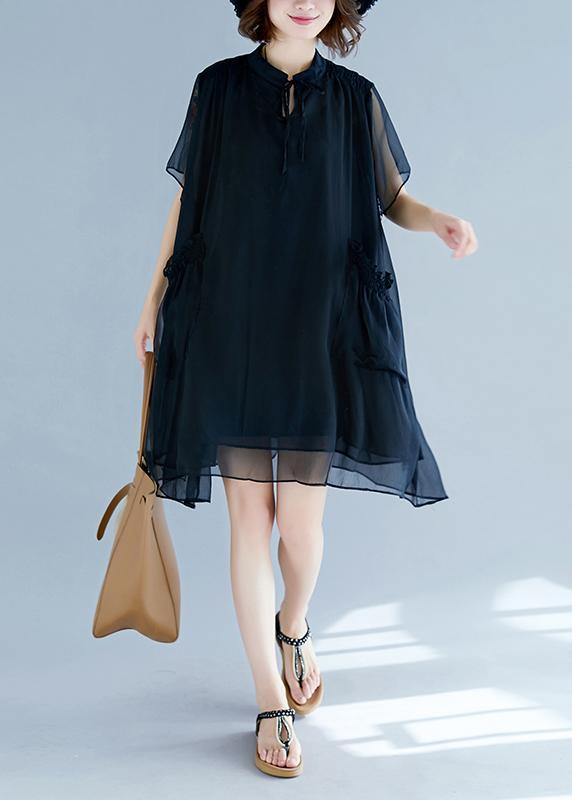 Chic black chiffon clothes For Women 18th Century Work stand collar pockets Robe Summer Dresses - SooLinen