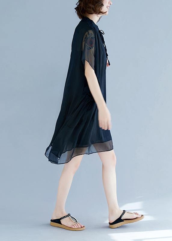 Chic black chiffon clothes For Women 18th Century Work stand collar pockets Robe Summer Dresses - SooLinen