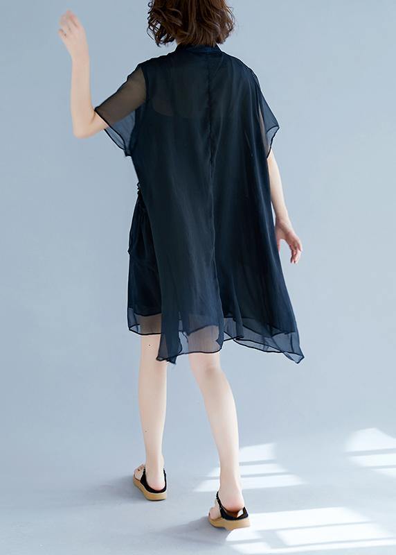 Chic black chiffon clothes For Women 18th Century Work stand collar pockets Robe Summer Dresses - SooLinen