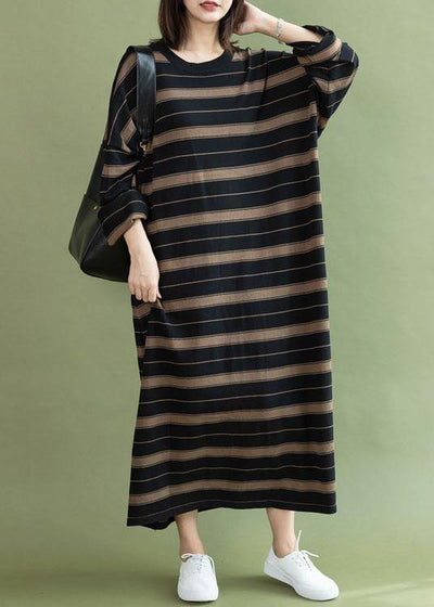 Chic black chocolate striped cotton quilting dresses o neck baggy long fall Dresses - SooLinen