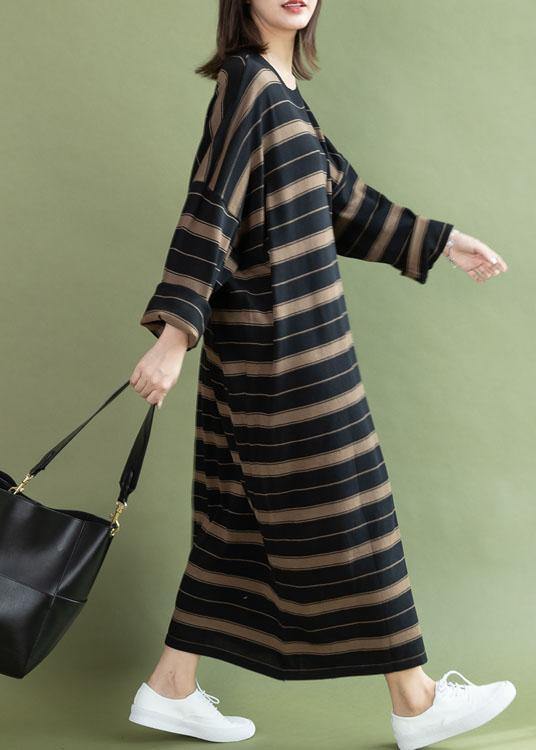 Chic black chocolate striped cotton quilting dresses o neck baggy long fall Dresses - SooLinen