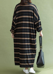 Chic black chocolate striped cotton quilting dresses o neck baggy long fall Dresses - SooLinen