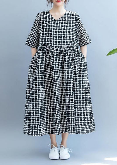 Chic black dotted Long Shirts v neck pockets Maxi summer Dress - SooLinen