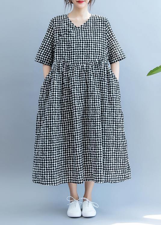 Chic black dotted Long Shirts v neck pockets Maxi summer Dress - SooLinen