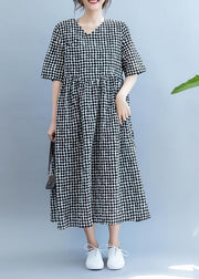 Chic black dotted Long Shirts v neck pockets Maxi summer Dress - SooLinen