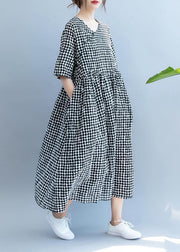 Chic black dotted Long Shirts v neck pockets Maxi summer Dress - SooLinen