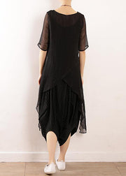 Chic black linen clothes For Women o neck short summer blouses - SooLinen