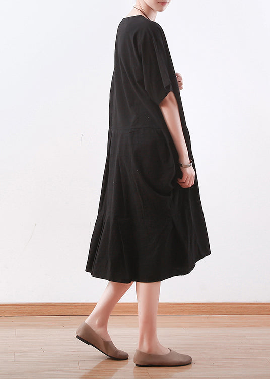 Chic black linen clothes Korea Sewing o neck asymmetric baggy Summer Dress