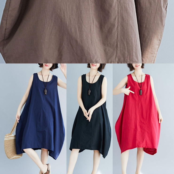 Chic black o neck linen quilting dresses sleeveless Plus Size Clothing summer Dress - SooLinen