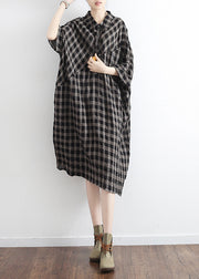 Chic black plaid linen cotton Tunics plus size Outfits polo collor Plus Size Clothing summer Dress