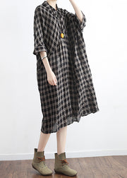 Chic black plaid linen cotton Tunics plus size Outfits polo collor Plus Size Clothing summer Dress