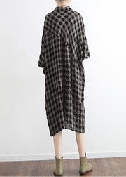 Chic black plaid linen cotton Tunics plus size Outfits polo collor Plus Size Clothing summer Dress