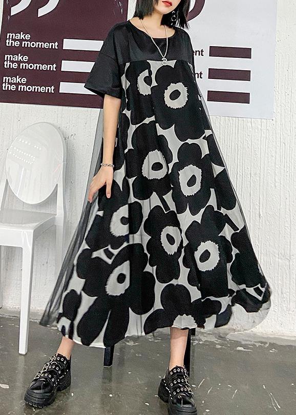 Chic black print quilting clothes o neck patchwork Maxi Dress - SooLinen