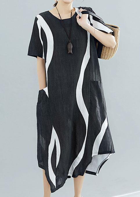 Chic black striped cotton quilting clothes o neck asymmetric Kaftan summer Dress - SooLinen