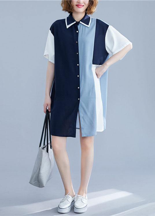 Chic blue Cotton clothes patchwork summer shirt Dress - SooLinen