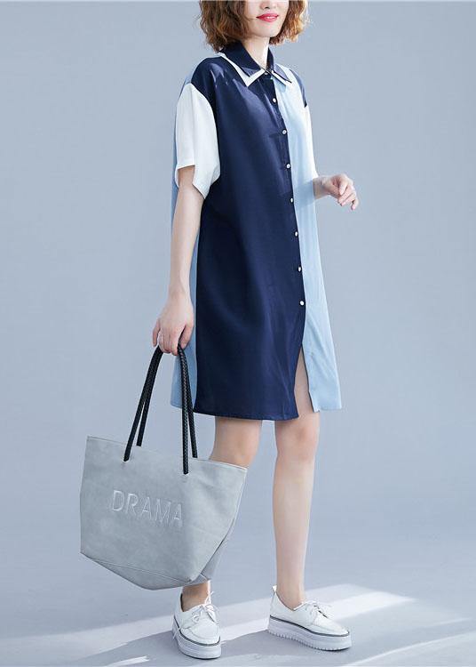 Chic blue Cotton clothes patchwork summer shirt Dress - SooLinen