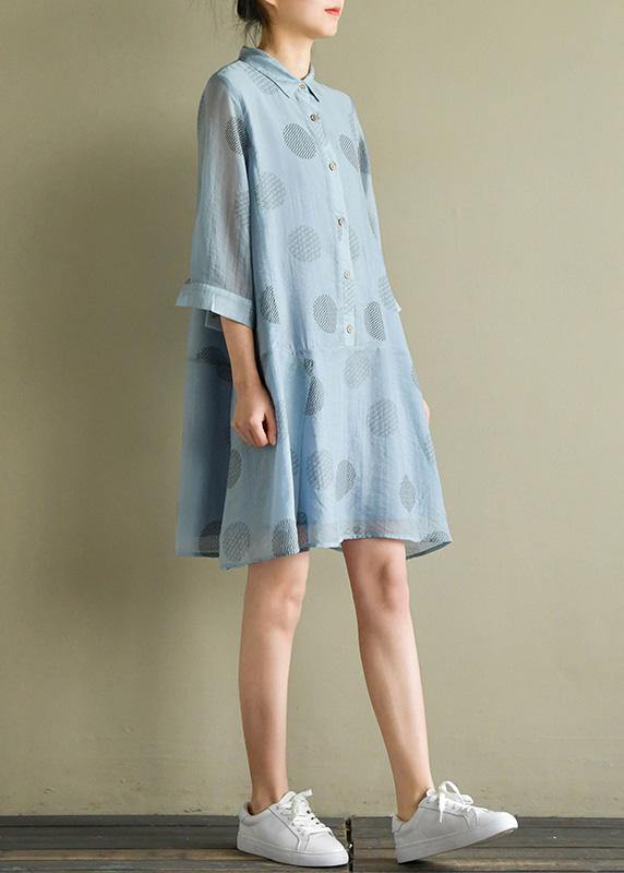 Chic blue dotted linen dress lapel half sleeve loose summer Dresses - SooLinen