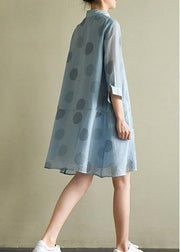 Chic blue dotted linen dress lapel half sleeve loose summer Dresses - SooLinen