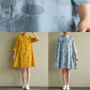 Chic blue dotted linen dress lapel half sleeve loose summer Dresses - SooLinen