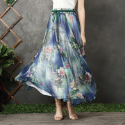 Chic blue floral chiffon Long Shirts elastic tie waist long summer Dress - SooLinen